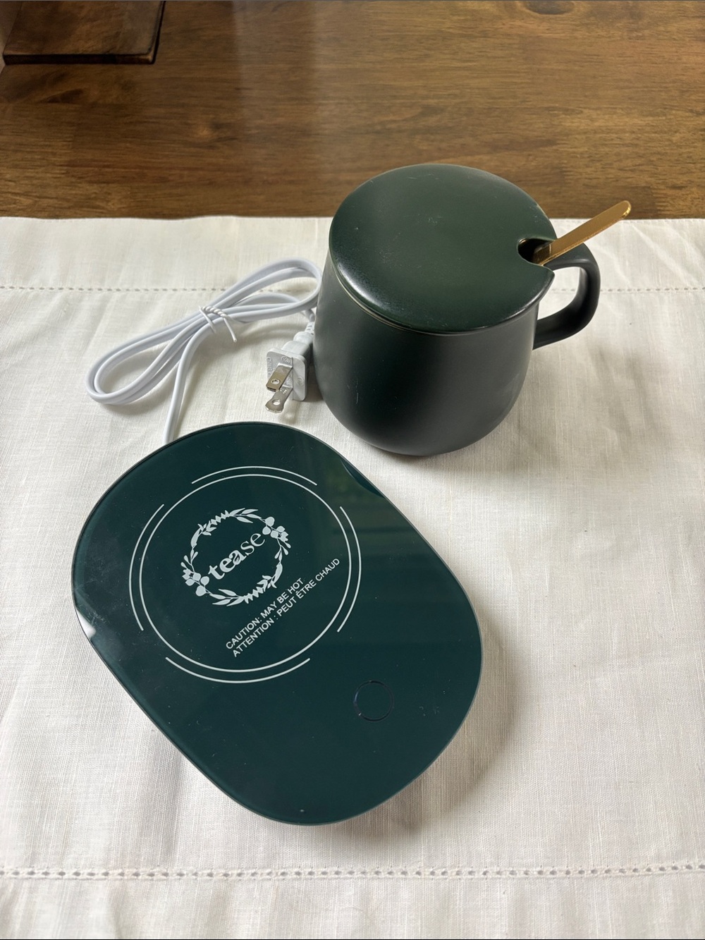 Tease Electric Mug Warmer Set in Deep Green with Lid and Spoon